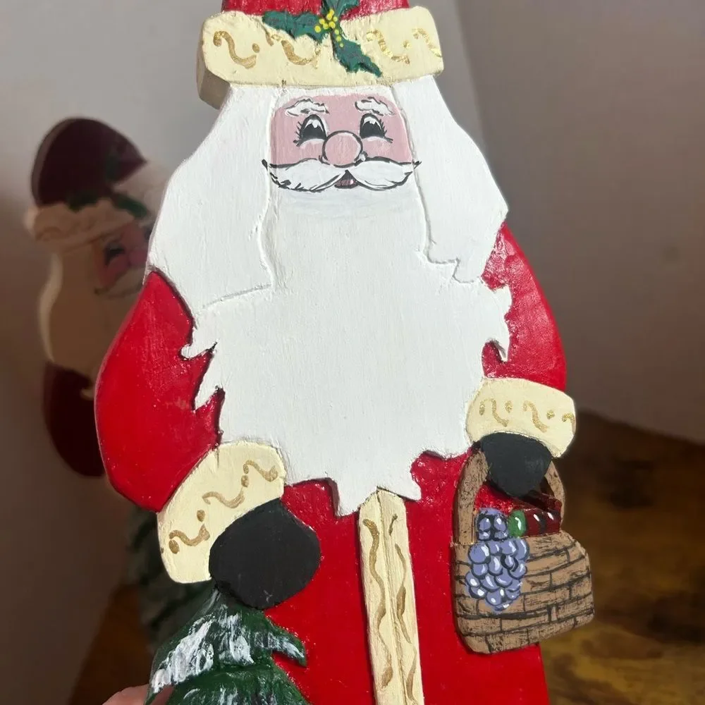 Vtg Handpainted Wooden Santas w Xmas Trees 10.25in Tall 5.5in Base Holiday Decor